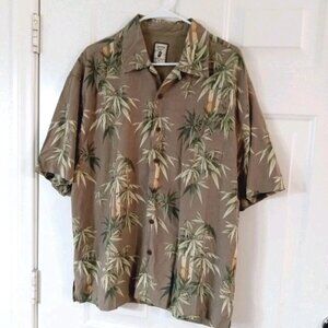 Jamaica Jaxx Mens 100% Silk XL Short Sleeve Khak Jacquard Bamboo Hawaiian Shirt